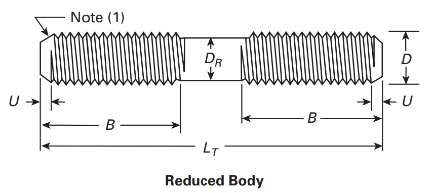 ASME B18.31.1M Metric Clamping Reduced Body Type Studs Dimensions Drawing